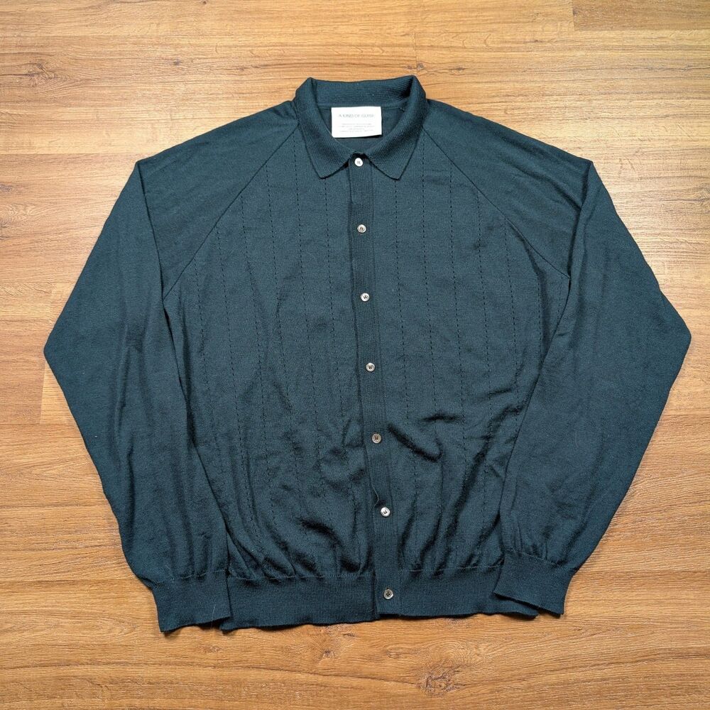 A Kind of Guise Knit Baccara Knit Polo Cardigan XL Green Merino Wool Flaws*